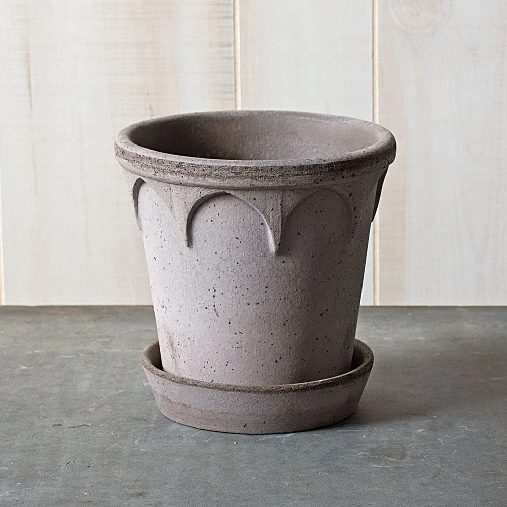 Gray Cathedral Pot And Saucer, 6½" Wide 3 Gray Cathedral Pot And Saucer, 6½" Wide